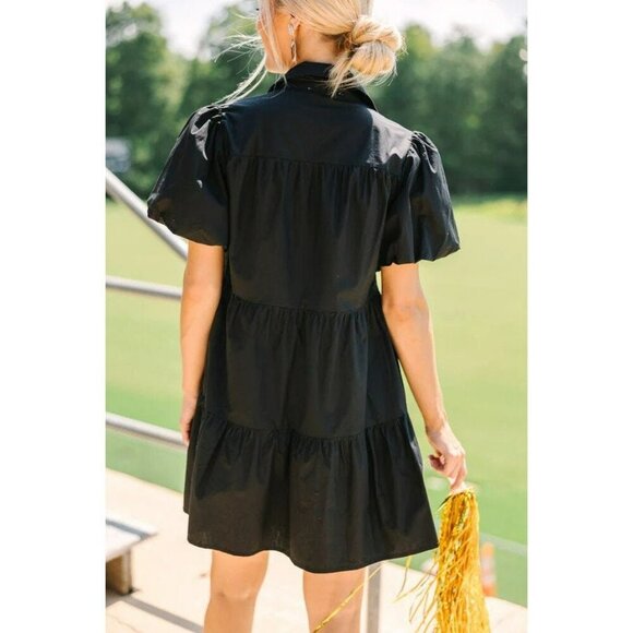 Touchdown Queen Gameday Poplin Button Down Football Dress in Black - Picture 4 of 9